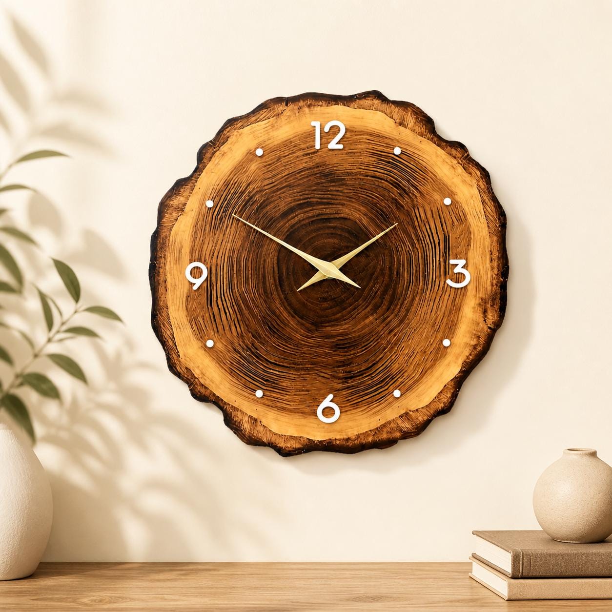 Wooden Ring Wall Clock | Natural Tree Cross Section, Solid Wood Hands ...