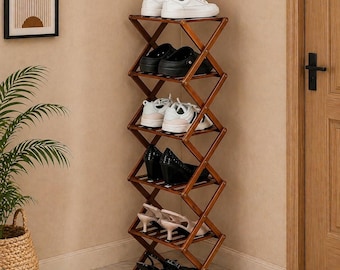 Foldable Bamboo Shoe Rack, 6 Tier Vertical Organizer, Walnut Finish Space Saver