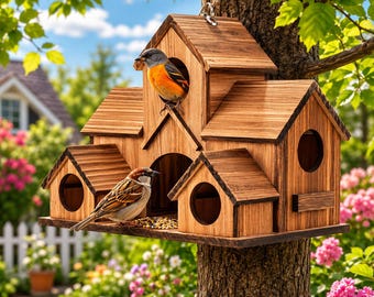 Wooden Birdhouse for Outside, Large 5-Hole Bird Feeder House for Bluebirds, Cardinals, Finches, Garden Gift