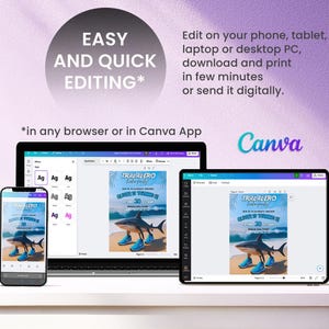 May include: A digital invitation design displayed on a smartphone, laptop, and tablet. The invitation features a shark wearing blue sneakers on a beach background. Text includes "TRALALERO" and "Oliver is turning 20". The Canva logo is visible.