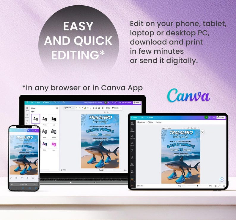 May include: A digital invitation design displayed on a smartphone, laptop, and tablet. The invitation features a shark wearing blue sneakers on a beach background. Text includes "TRALALERO" and "Oliver is turning 20". The Canva logo is visible.