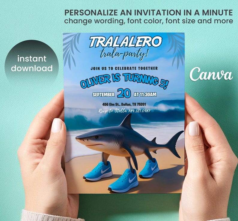 May include: A party invitation with a shark wearing blue sneakers on a beach. The invitation reads "TRALALERO trala-party!" and "OLIVER IS TURNING 5!" with event details. Text at the top says "PERSONALIZE AN INVITATION IN A MINUTE".