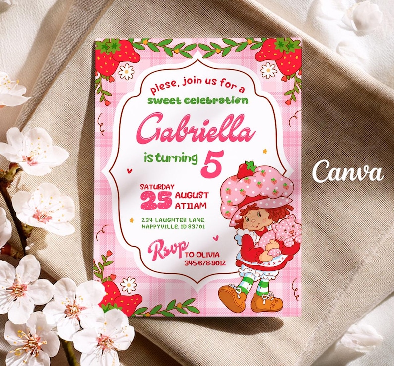 May include: A pink invitation card with a strawberry theme. The card says "Gabriella is turning 5" and includes event details. A cartoon character of a girl in a strawberry hat is holding a pink cat. The text "Canva" is in the bottom right corner.