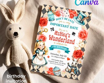 May include: A whimsical birthday invitation with an "Alice in Wonderland" theme. The invitation features illustrations of Alice, a white rabbit, and roses. The text reads "Ashley's Wonderland" and "4th Birthday". A crocheted bunny toy is next to the invitation.