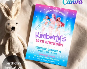 Invitation d'anniversaire de chasseurs de démons K-pop Huntrix Rumi Mira Zoey Saja Boys Derpy - modèle de toile éditable - invitation de fête numérique - France