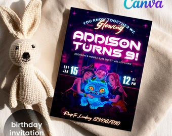 May include: A birthday invitation with the text "Addison Turns 9!" and event details. A crocheted bunny toy is next to the invitation. The invitation features a glowing design with illustrations of three girls and a blue cat.