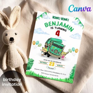 May include: A birthday invitation featuring a green cartoon truck, balloons, and the text "Benjamin is turning 4." A crocheted bunny toy is next to the invitation. The word "birthday invitation" is at the bottom.