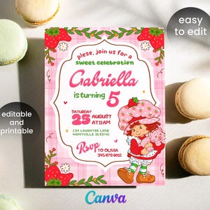 May include: A pink and white birthday invitation featuring a cartoon illustration of a girl holding a cat, strawberries, and the text "Gabriella is turning 5." The invitation includes details for the party, with the text "editable and printable."