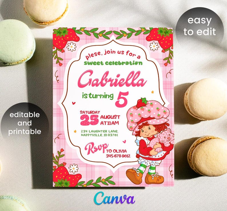 May include: A pink and white birthday invitation featuring a cartoon illustration of a girl holding a cat, strawberries, and the text "Gabriella is turning 5." The invitation includes details for the party, with the text "editable and printable."