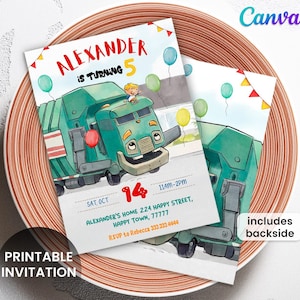 May include: Printable invitation featuring a cartoon green garbage truck with a smiling face, balloons, and the text "ALEXANDER IS TURNING 5". The invitation includes the date, time, and location of the party. The words "PRINTABLE INVITATION" are at the bottom.