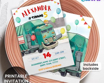 Printable green Trash Truck Birthday invitation, editable Trash Bash invite template, Mess Party, boy girl bday evite, one, two, three