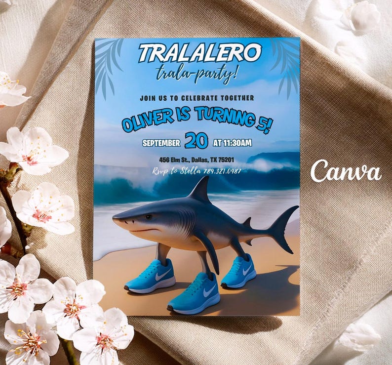 May include: A party invitation with a shark wearing blue sneakers on a beach. The invitation reads "TRALALERO trala-party!" and announces "OLIVER IS TURNING 5!" on September 20 at 11:30 AM. The address and RSVP information are also included.