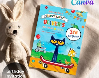 Printable Pete the Cat Birthday Party invitation, editable Pete the Cat invite, party invite template, boy girl birthday