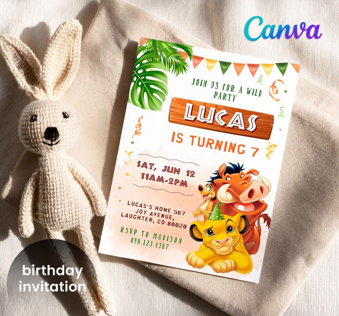 Simon The Rabbit Invitation Simba Printable Birthday Invitation Template, Lion King Birthday Invite ...
