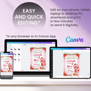 May include: A digital invitation design displayed on a smartphone, laptop, and tablet. The invitation features a strawberry theme with the text "Gabriella is turning 5". The Canva logo is visible.