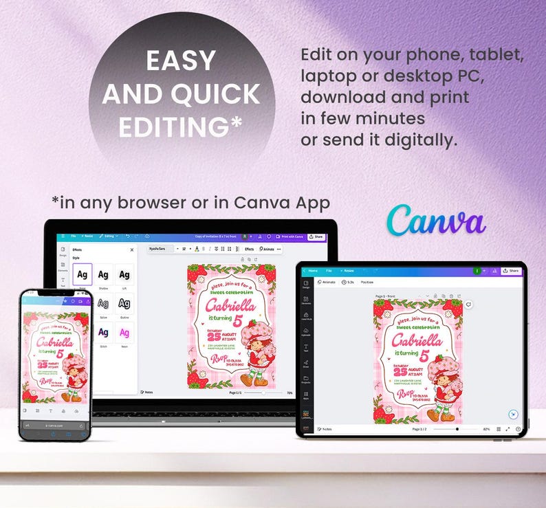 May include: A digital invitation design displayed on a smartphone, laptop, and tablet. The invitation features a strawberry theme with the text "Gabriella is turning 5". The Canva logo is visible.