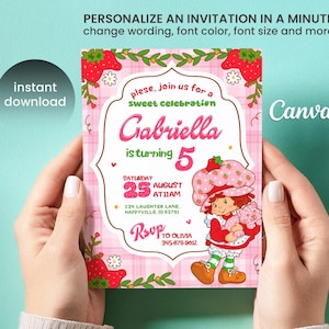 May include: A pink birthday invitation with a strawberry theme. The invitation features the text "Gabriella is turning 5" and includes a cartoon illustration of a girl holding a cat. The invitation also includes the text "RSVP to Olivia".