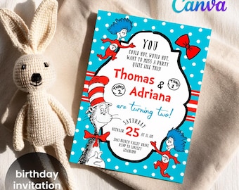 Dr Seuss birthday invitation, printable fairytale invite, editable Cat in Hat party invite template, boy girl twins birthday, first second