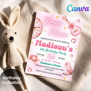 Printable Cowgirl birthday invitation, editable pink Rodeo invitation template, Wild West bday, Cowgirl Bachelorette party, girl birthday
