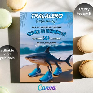 May include: A party invitation with a shark wearing blue sneakers on a beach. The invitation reads "TRALALERO trala-party!" and announces "OLIVER IS TURNING 5!" on September 20th at 11:30 AM. The Canva logo is at the bottom.