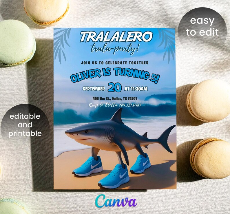 May include: A party invitation with a shark wearing blue sneakers on a beach. The invitation reads "TRALALERO trala-party!" and announces "OLIVER IS TURNING 5!" on September 20th at 11:30 AM. The Canva logo is at the bottom.