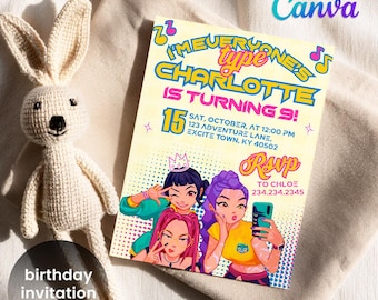 May include: A birthday invitation with the text "Everyone's Type Charlotte is Turning 9!" and the date, time, and location. The invitation features an illustration of three girls taking a selfie. A crocheted bunny toy is next to the invitation.