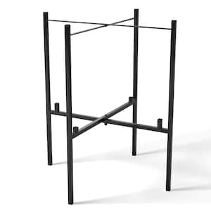 May include: A black metal plant stand with a cross-shaped base and four vertical supports. The stand is designed to hold a round planter. The stand is approximately 61 cm tall.