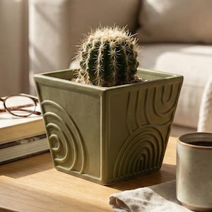 Pode incluir: Um pequeno cacto num vaso quadrado de cerâmica verde-oliva com um design arqueado. O vaso está numa mesa de madeira com livros, óculos e uma caneca de café. A cena passa-se numa sala de estar bem iluminada.