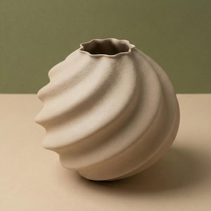 Op de afbeelding: Een beige keramische vaas met een spiraalvormig ontwerp. De vaas heeft een getextureerd oppervlak en een gerimpelde rand. De decoratieve vaas is geschikt voor het tentoonstellen van bloemen of als een op zichzelf staand kunstwerk. De vaas is ongeveer 20 cm hoog.