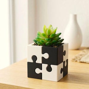 Peut inclure: Un pot de fleurs carré avec un motif de pièces de puzzle noir et blanc. L'extérieur est composé de segments imbriqués de style puzzle aux couleurs alternées. Une petite plante succulente verte à plusieurs couches est plantée à l'intérieur.