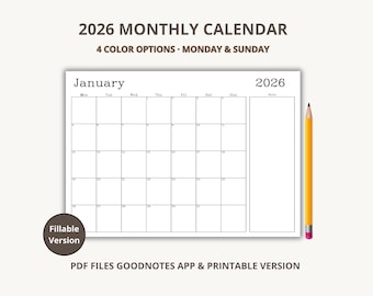 2026 Monatsplaner PDF | Sonntag & Montag Start | Minimalistischer Kalender zum Ausdrucken mit Notiz