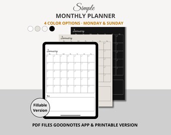 Undated Monthly Planner, Minimalist PDF Calendar, Fillable & Printable, Digital Planner For Goodnotes