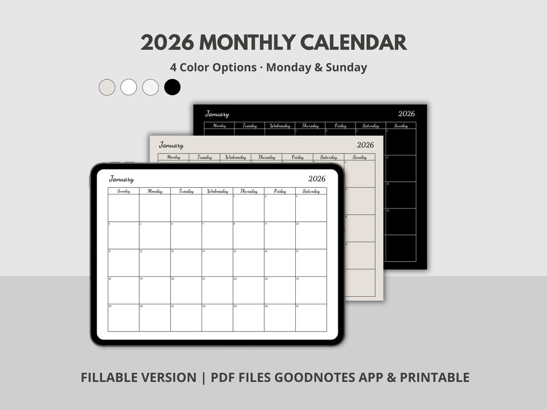 Minimalist 2026 Wall Calendar Landscape Printable PDF Monthly Planner ...