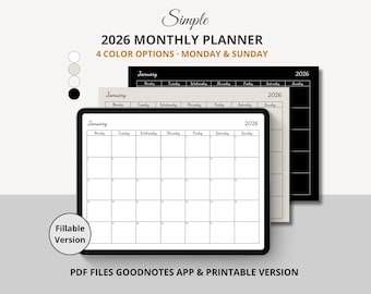 2026 Monatsplaner PDF | Sonntag & Montag Start | Minimalistischer Kalender zum Ausdrucken
