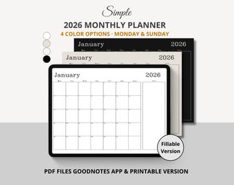 2026 Monatsplaner PDF, Sonntag & Montag Start, minimalistischer druckbarer Kalender