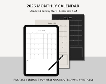 2026 Minimalistischer Monatskalender: Druckbare ausfüllbare PDF Digitaler Download