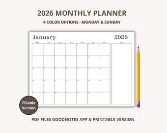 2026 Monatsplaner PDF | Sonntag & Montag Start | Minimalistischer Kalender zum Ausdrucken mit Notiz