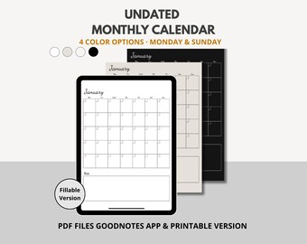 Undated Monthly Planner, Digital Monthly Calendar for GoodNotes iPad, Portrait Printable Editable PDF Template