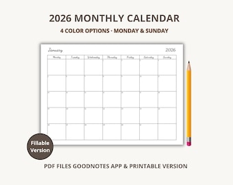 Planificador mensual 2026 en PDF / Domingo y lunes / Calendario minimalista imprimible / Compatible con Goodnotes