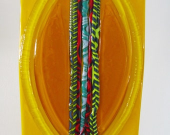 Abstract Spring Seed Pod Fused Glass Art Panel - sunflower yellow with twisted cane sprouts in green blue and reds burst with life