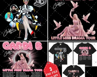 May include: A collection of Cardi B merchandise, including t-shirts and digital prints. The designs feature the artist's name, tour details, and stylized graphics. The color palette includes black, pink, and white.