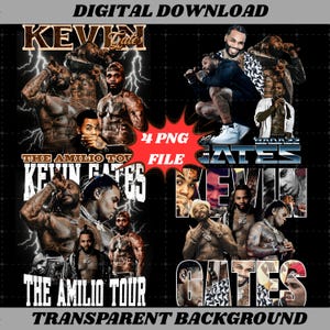 May include: Digital download graphic featuring multiple images of Kevin Gates, with text that reads "KEVIN GATES", "THE AMILIO TOUR", and "4 PNG FILE". The images are set against a black background with lightning bolt graphics.