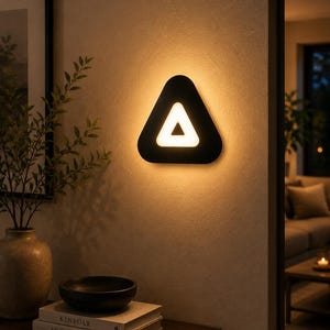 May include: A modern black wall sconce with a triangular design, emitting a warm, inviting glow. The sconce features a white inner triangle, creating a striking contrast against the black exterior. The light fixture is mounted on a neutral-colored wall.