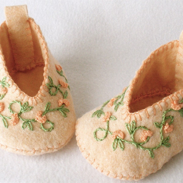 Felt Baby Booties Hand Stitched and Embroidered Peach Floral Vine