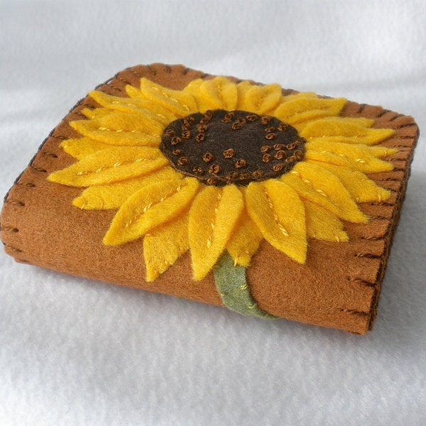 Sunflower Needle Book,  Large Tri-Fold Needle Wrap Wallet,  Magnetic Closure,  Wool Felt,  Hand Embroidered
