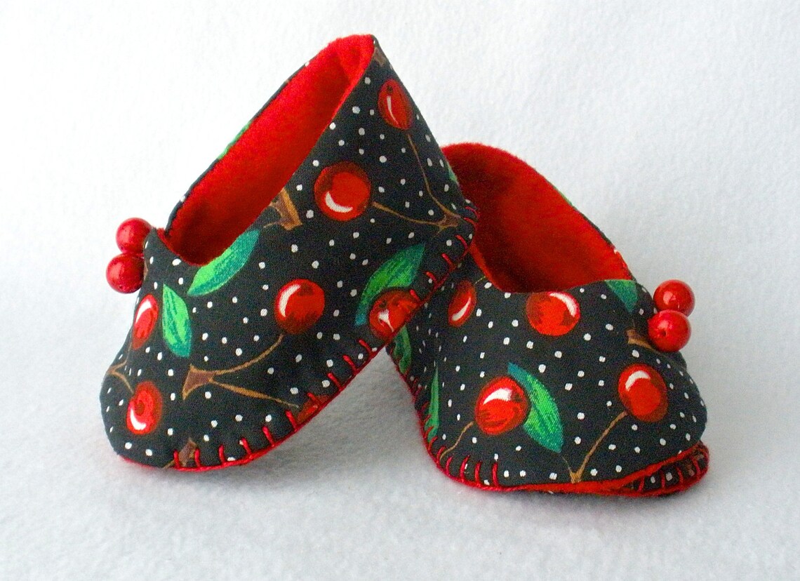 Baby Shoes Hand Sewn Booties Red and Black Cherry Print Etsy