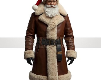 Abrigo de Papá Noel de piel auténtica: ribete de borrego, gorro rojo - Abrigo de cosplay