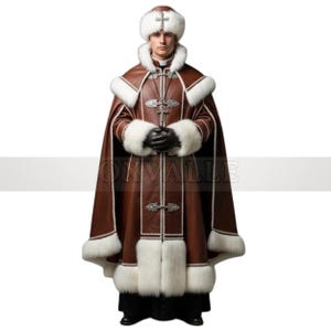 Handmade Santa Claus Leather Costume: Fur Trimmed Cloak, Hooded Coat & Hat