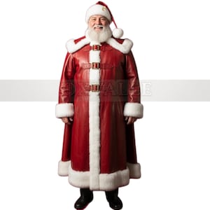 Genuine Leather Santa Claus Costume: Fur Trim Coat, Hat & Cloak