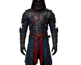 Op de afbeelding: Een blauw en zwart kostuum met een capuchon en een gezichtsmasker. Het kostuum heeft leren pantser, rode accenten en een lange jas. De outfit bevat handschoenen en een riem met een rode sjerp. Het kostuum is ontworpen voor cosplay of thema-evenementen.